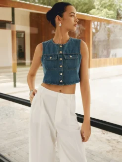 Outlet Button Front Double Pockets Denim Top Denim|Tops