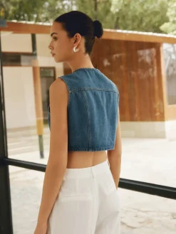 Outlet Button Front Double Pockets Denim Top Denim|Tops