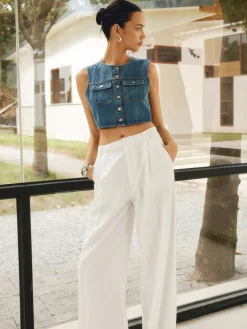 Outlet Button Front Double Pockets Denim Top Denim|Tops