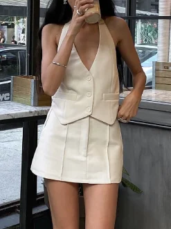 New Button Front Halter Neck Backless Vest Blazer With Skirt Set Skirt Sets|Long Sleeve Sets
