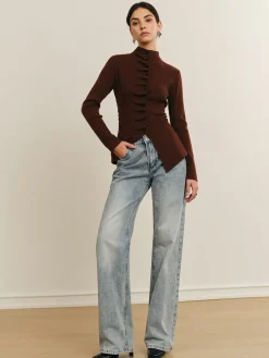 Discount Button Pleated Split Knit Top Sweater Tops|Sweaters & Cardigans