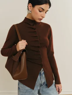 Discount Button Pleated Split Knit Top Sweater Tops|Sweaters & Cardigans