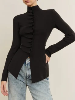 Discount Button Pleated Split Knit Top Sweater Tops|Sweaters & Cardigans