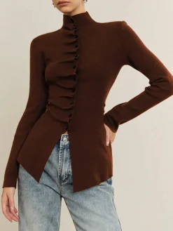 Best Button Pleated Split Knit Top Sweater Tops|Sweaters & Cardigans