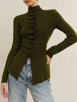 Best Button Pleated Split Knit Top Sweater Tops|Sweaters & Cardigans