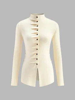 Best Button Pleated Split Knit Top Sweater Tops|Sweaters & Cardigans