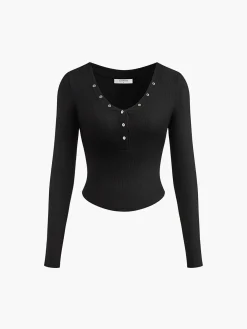 Clearance Button Ribbed Long Sleeve T-Shirt T-shirts|Tops
