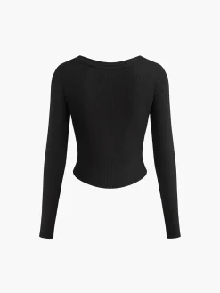 Clearance Button Ribbed Long Sleeve T-Shirt T-shirts|Tops