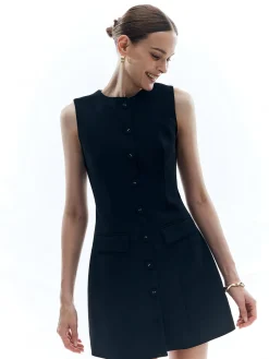 Sale Button Solid Crew Neck Sleeveless Dress Black Dresses|Casual Dresses