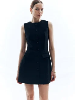 Sale Button Solid Crew Neck Sleeveless Dress Black Dresses|Casual Dresses
