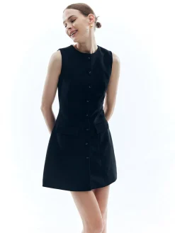 Sale Button Solid Crew Neck Sleeveless Dress Black Dresses|Casual Dresses