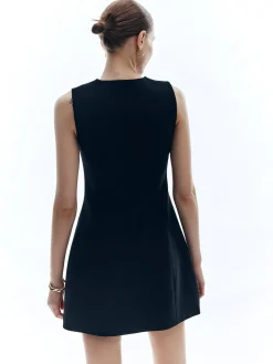 Sale Button Solid Crew Neck Sleeveless Dress Black Dresses|Casual Dresses