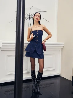Clearance Button Split Denim Corset Corset Tops|Denim