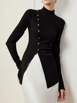 Hot Button Split Skinny Blouse Blouses & Shirts|Tops