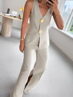 Outlet Button Split Sleeveless Pants Set Pants Sets|Matching Sets