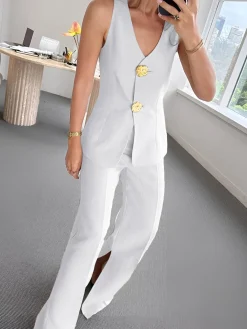 Outlet Button Split Sleeveless Pants Set Pants Sets|Matching Sets