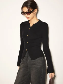 Discount Button Split Slim Polo Sweater Sweater Tops|Sweaters & Cardigans