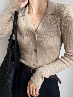 Hot Button Up Collared Knit Top Sweater Tops|Sweaters & Cardigans