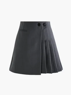 Outlet Button Zipper Pleated Suit Skirt Skirts|Bottoms