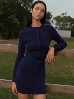 Hot Button-Decor Sweater Hip-Covering Dress With Belt Knitwear|Dresses