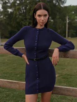Hot Button-Decor Sweater Hip-Covering Dress With Belt Knitwear|Dresses