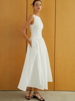 Outlet Button-Front Sleeveless Pockets Long Dress White Dresses|Work Dresses