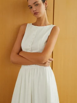 Outlet Button-Front Sleeveless Pockets Long Dress White Dresses|Work Dresses