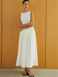Outlet Button-Front Sleeveless Pockets Long Dress White Dresses|Work Dresses