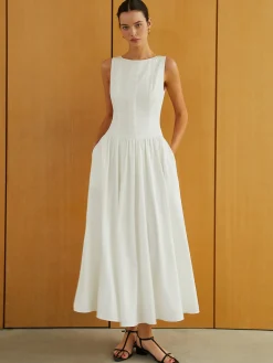 Clearance Button-Front Sleeveless Pockets Long Dress Work Dresses|Casual Dresses