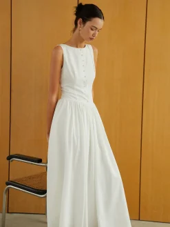 Clearance Button-Front Sleeveless Pockets Long Dress Work Dresses|Casual Dresses