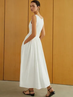 Clearance Button-Front Sleeveless Pockets Long Dress Work Dresses|Casual Dresses