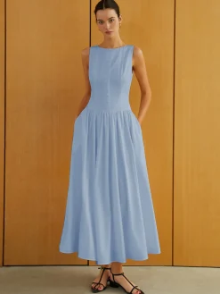 Clearance Button-Front Sleeveless Pockets Long Dress Work Dresses|Casual Dresses