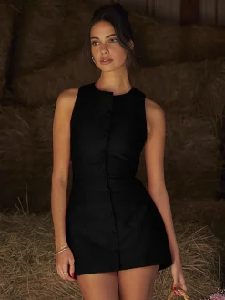 New Button-Front Sleeveless Short Dress Casual Dresses|Work Dresses