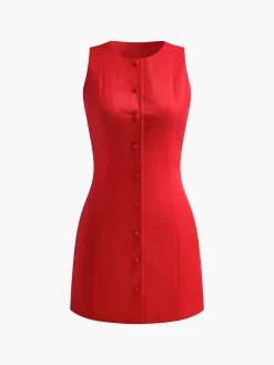 New Button-Front Sleeveless Short Dress Casual Dresses|Work Dresses