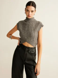 New Cable-Knit Mock Neck Crop Sweater Vest Sweater Vests|Sweaters & Cardigans