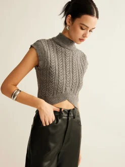 New Cable-Knit Mock Neck Crop Sweater Vest Sweater Vests|Sweaters & Cardigans