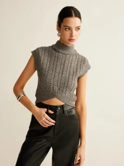New Cable-Knit Mock Neck Crop Sweater Vest Sweater Vests|Sweaters & Cardigans