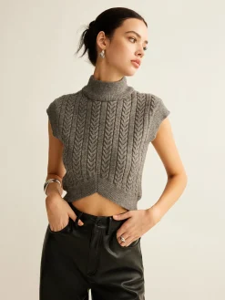 New Cable-Knit Mock Neck Crop Sweater Vest Sweater Vests|Sweaters & Cardigans