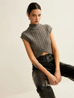 New Cable-Knit Mock Neck Crop Sweater Vest Sweater Vests|Sweaters & Cardigans