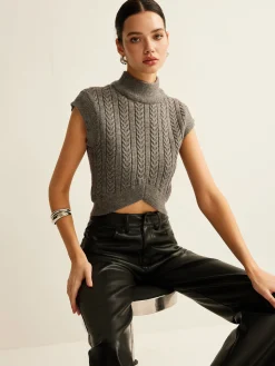 New Cable-Knit Mock Neck Crop Sweater Vest Sweater Vests|Sweaters & Cardigans