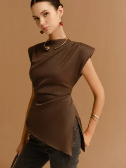 Cap Sleeve Asymmetrical Hem Skinny Blouse Tops