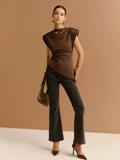 Cap Sleeve Asymmetrical Hem Skinny Blouse Tops
