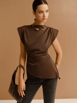 Cap Sleeve Asymmetrical Hem Skinny Blouse Tops