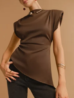 Cap Sleeve Asymmetrical Hem Skinny Blouse Tops