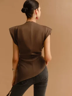 Cap Sleeve Asymmetrical Hem Skinny Blouse Tops