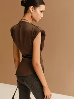 Cap Sleeve Asymmetrical Hem Skinny Blouse Tops