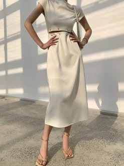 Outlet Cap Sleeve Cutout Midi Dress White Dresses|Black Dresses