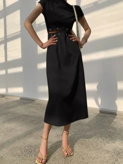 Outlet Cap Sleeve Cutout Midi Dress White Dresses|Black Dresses