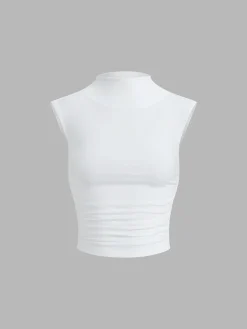 Outlet Cap Sleeve Funnel Neck Ruched Shirt Sweater Tops|T-shirts