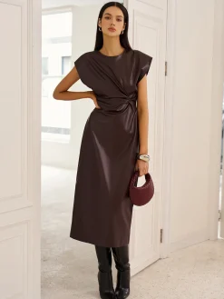 Cap-Sleeve Knotted Faux Leather Dress Casual Dresses|Work Dresses
